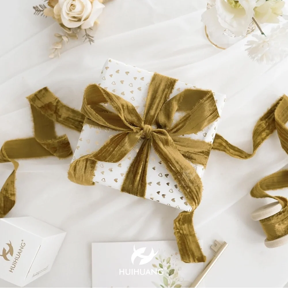 Crinkle Velvet Silk Ribbon with Frayed Edges, Brown
